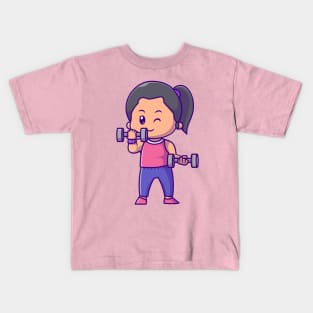 Cute Woman Lifting barbell Cartoon Kids T-Shirt